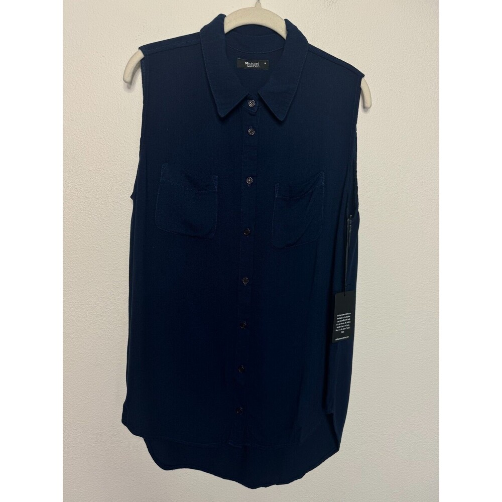 Michael Lauren Medium Revolve Button Down Shirt Navy Blue Sleeveless Hi-Low NWT